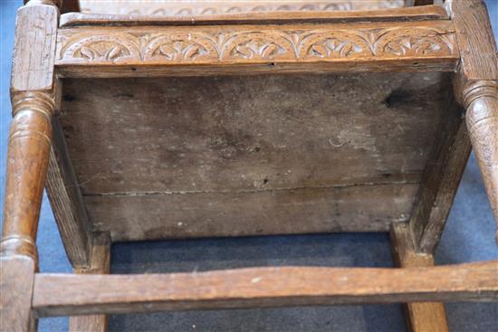 A 17th century oak Wainscot chair, W.2ft 2in. H.3ft 8in. incorporating later timbers